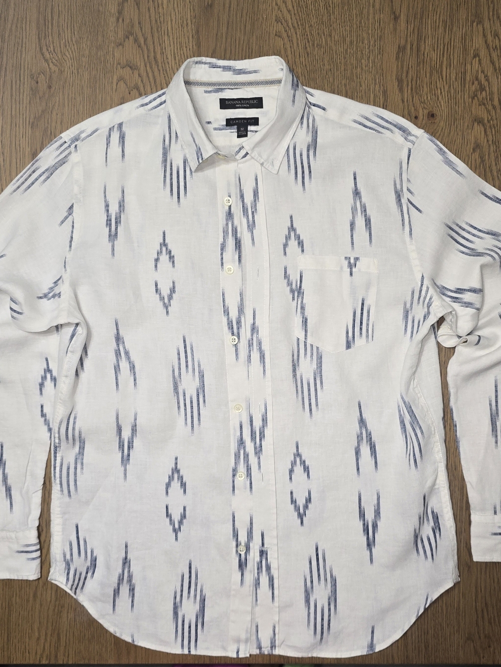 Banana Republic White Button-Up Shirt with Blue Ikat Print